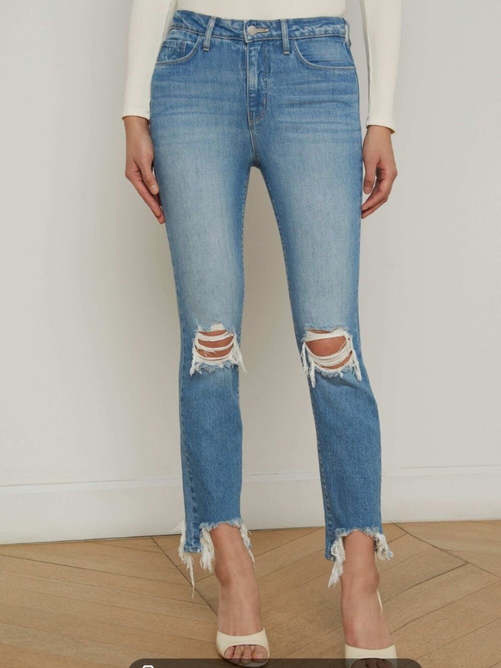 L'Agence High Rise Skinny Jeans Distressed Size 25